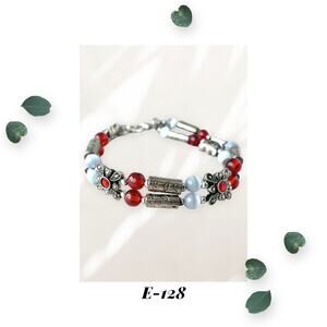 Red Siam Flourish - Gray Fiber Optic - Dark Silver Double Strand Bracelet